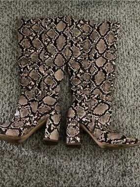 Lulu's Taupe and Black Snake-Print Mid-Calf Block Heel Boots